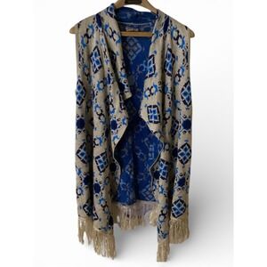New Directions Weekend Geometric Fringe Open Front Waterfall Vest Women's M